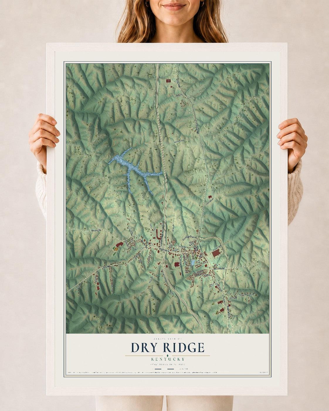 Map of Dry Ridge, Kentucky, 24 x 36 inch print in a white wood frame