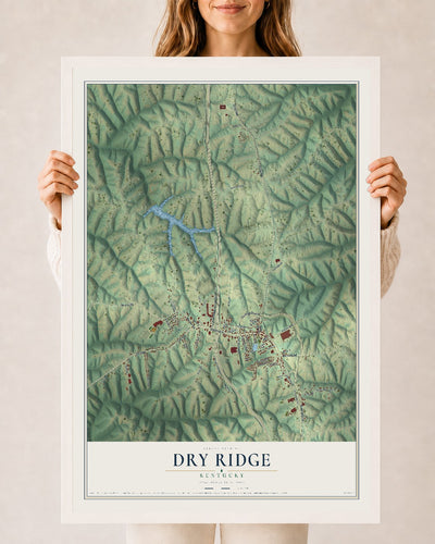 Map of Dry Ridge, Kentucky, 24 x 36 inch print in a white wood frame