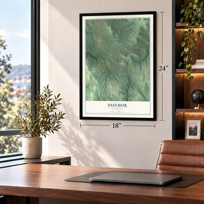 Dunmor, Kentucky map, 18 x 24 inch print in a black frame in a home office