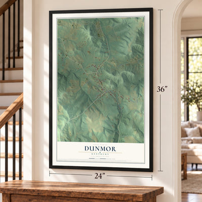 Dunmor, Kentucky map, 24 x 36 inch print in a black frame by a staircase