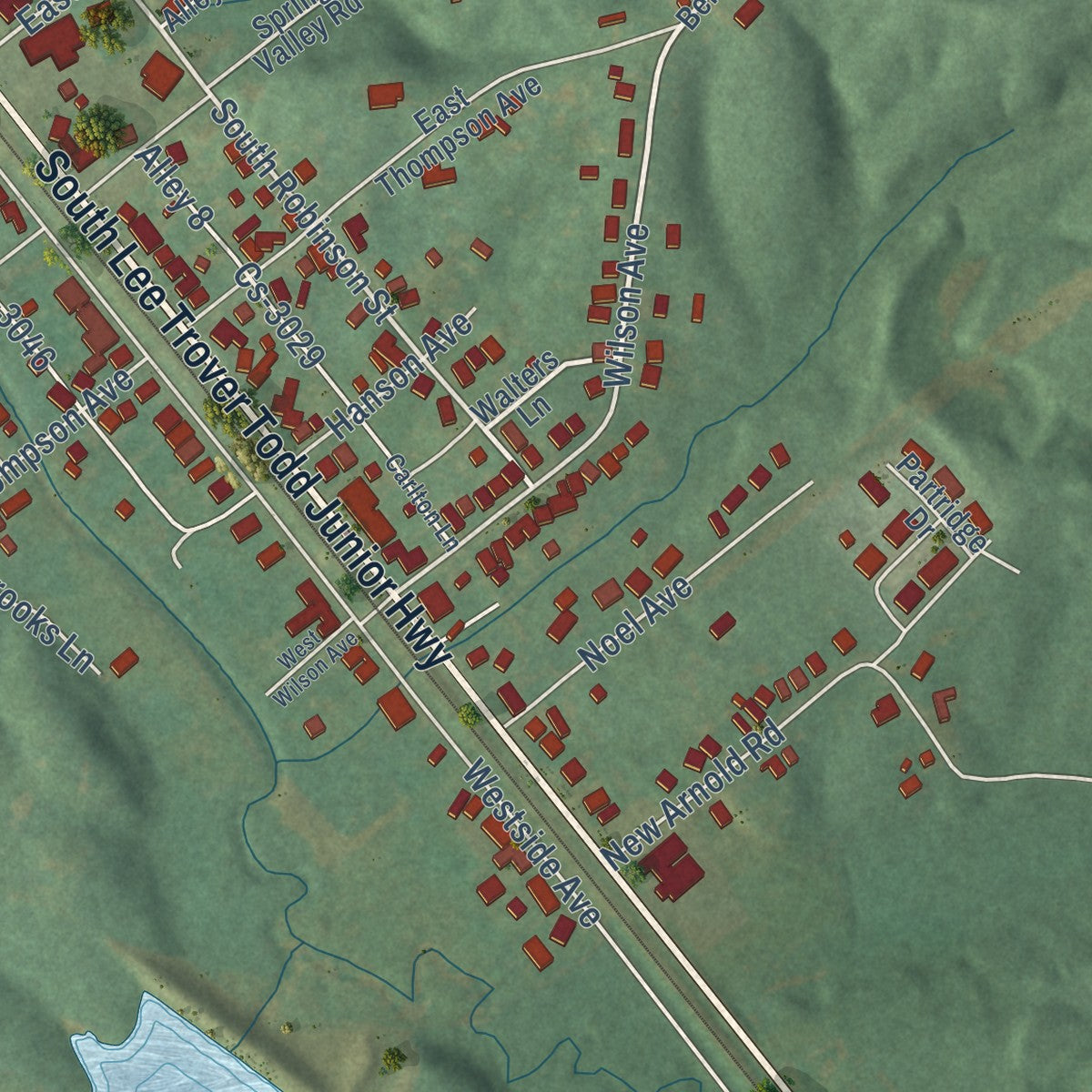 Second close-up of the map of Earlington, Kentucky print showing more streets and buildings