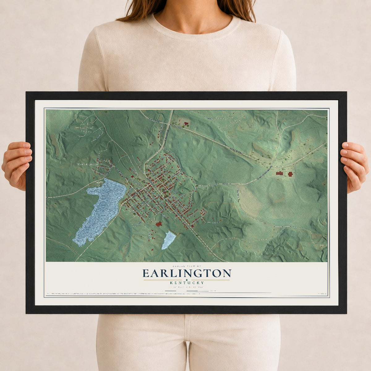 Map of Earlington, Kentucky, 12 x 18 inch print in a black wood frame