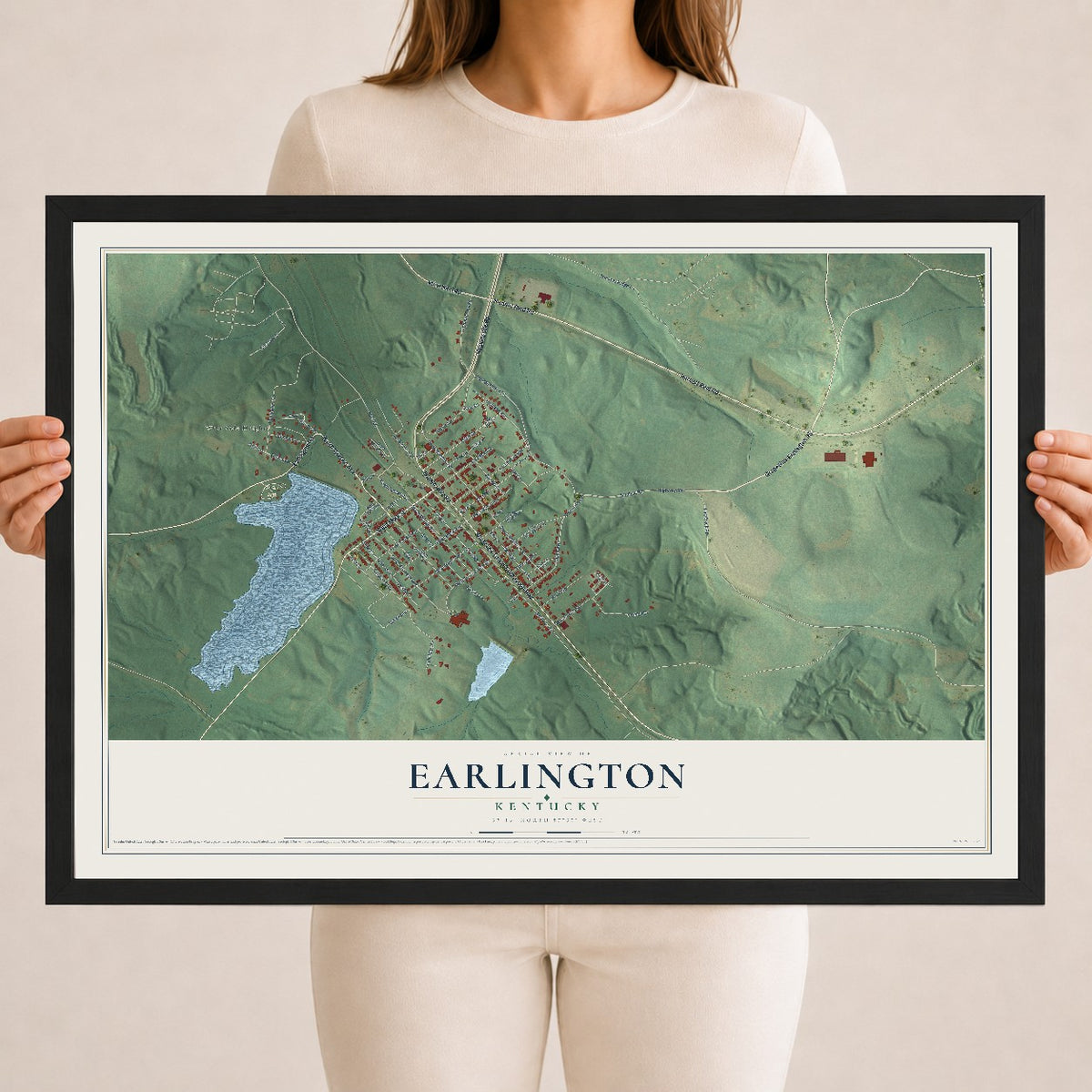 Map of Earlington, Kentucky, 18 x 24 inch print in a black wood frame