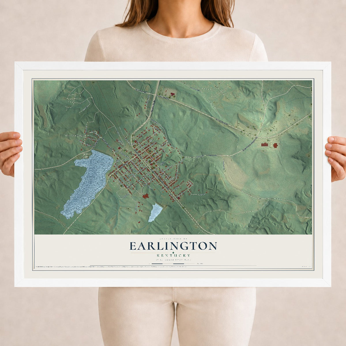 Map of Earlington, Kentucky, 18 x 24 inch print in a white wood frame