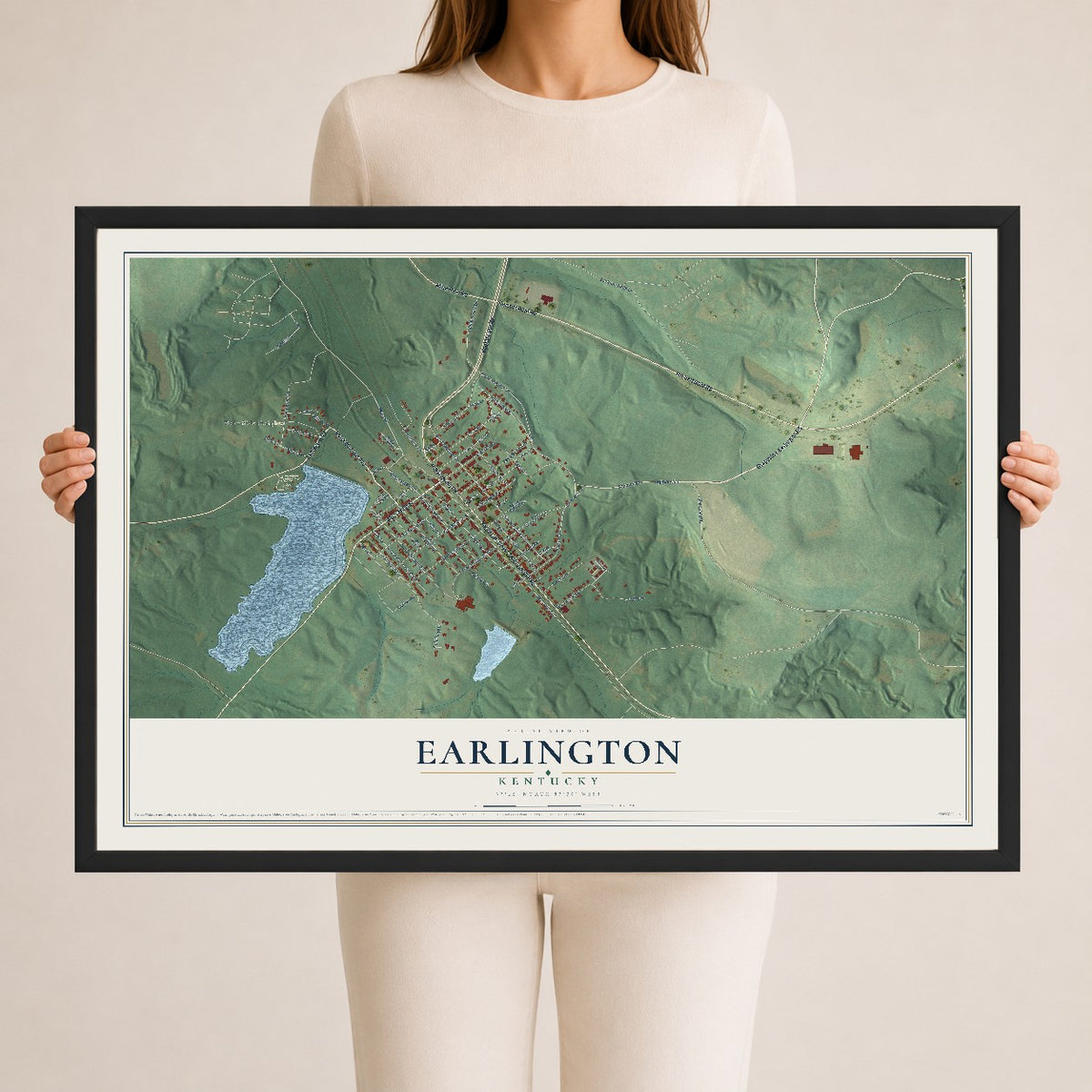 Map of Earlington, Kentucky, 24 x 36 inch print in a black wood frame