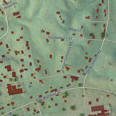 Close-up of the map of East Bernstadt, Kentucky print showing street and building detail