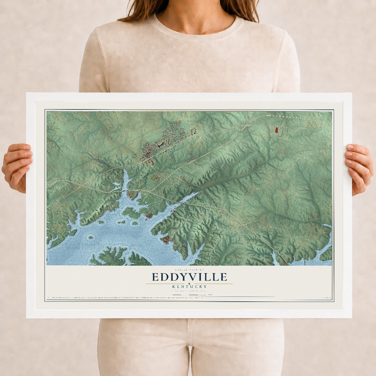 Map of Eddyville, Kentucky, 12 x 18 inch print in a white wood frame