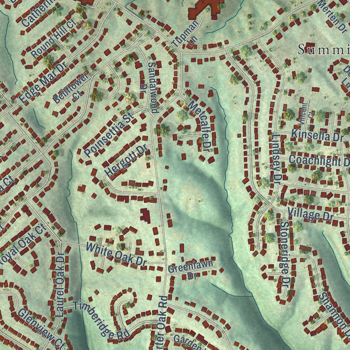 Close-up of the map of Edgewood, Kentucky print showing street and building detail