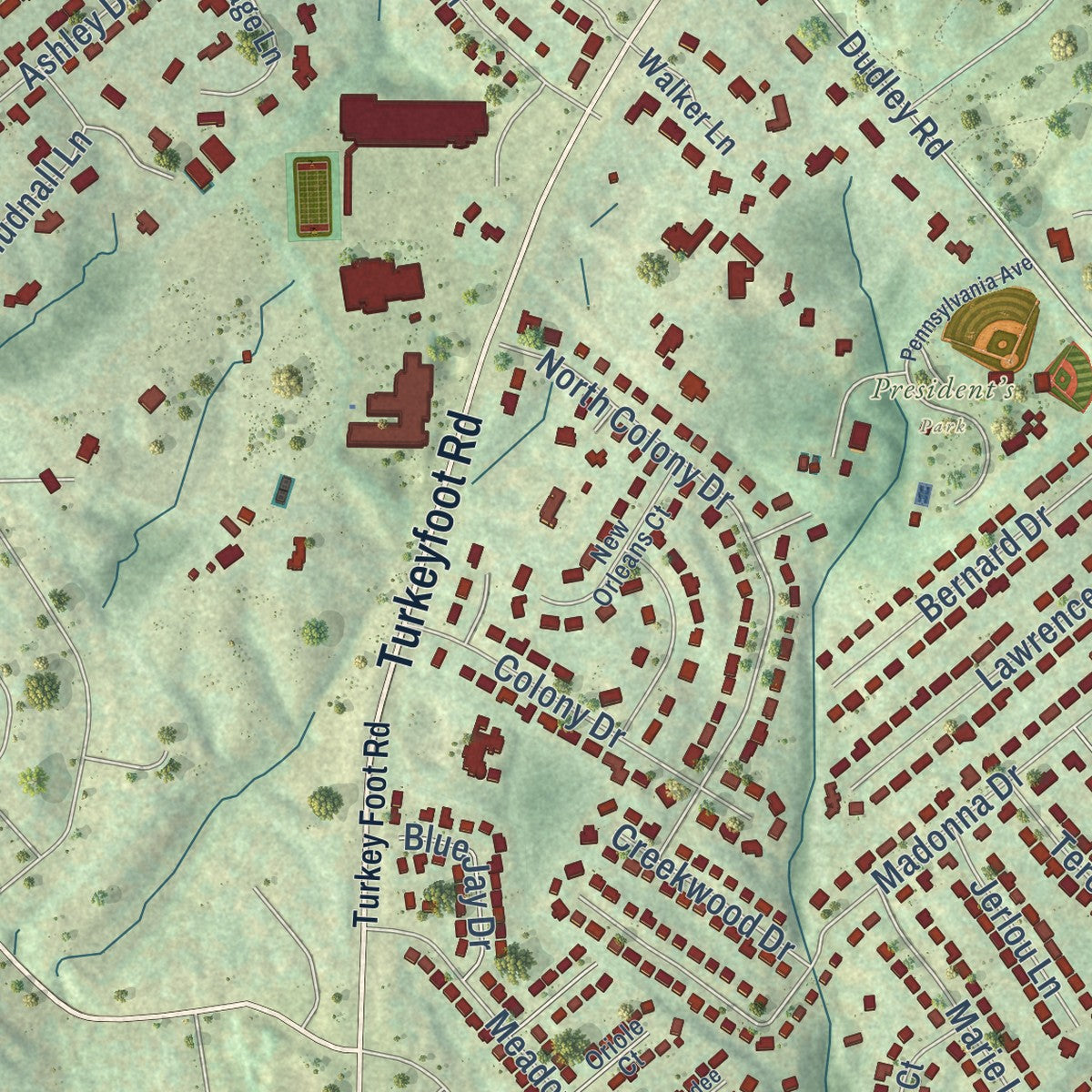 Second close-up of the map of Edgewood, Kentucky print showing more streets and buildings
