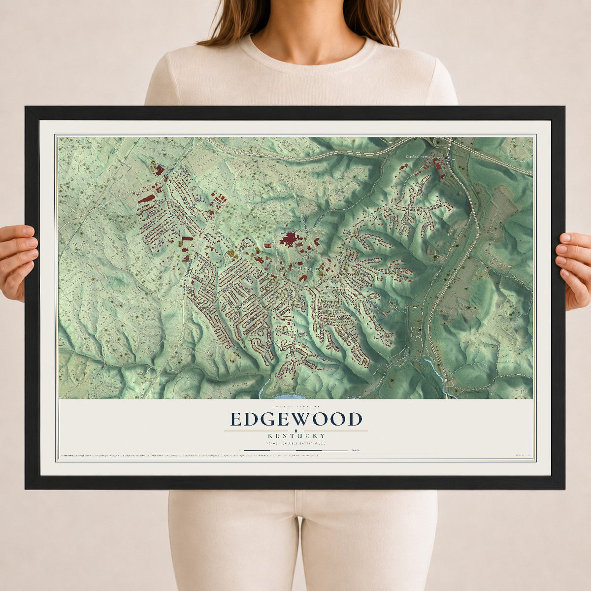 Map of Edgewood, Kentucky, 18 x 24 inch print in a black wood frame