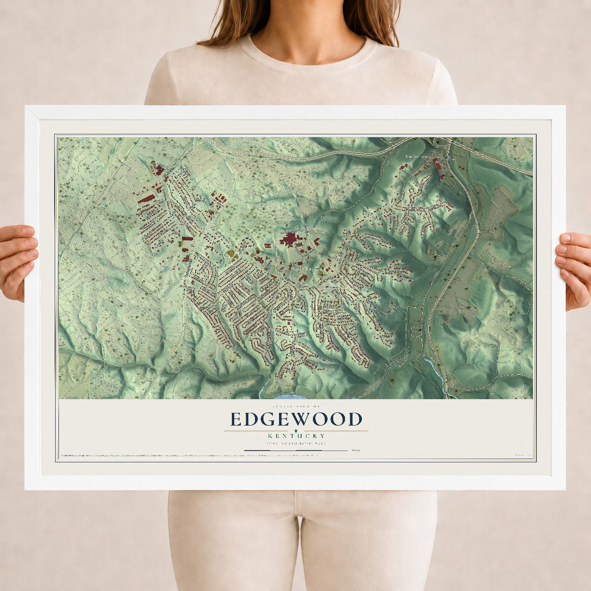 Map of Edgewood, Kentucky, 18 x 24 inch print in a white wood frame