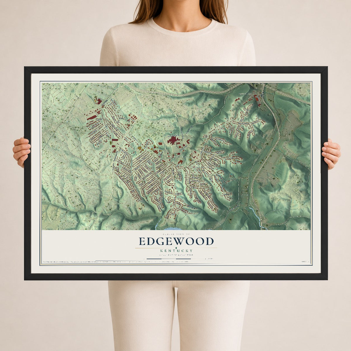 Map of Edgewood, Kentucky, 24 x 36 inch print in a black wood frame