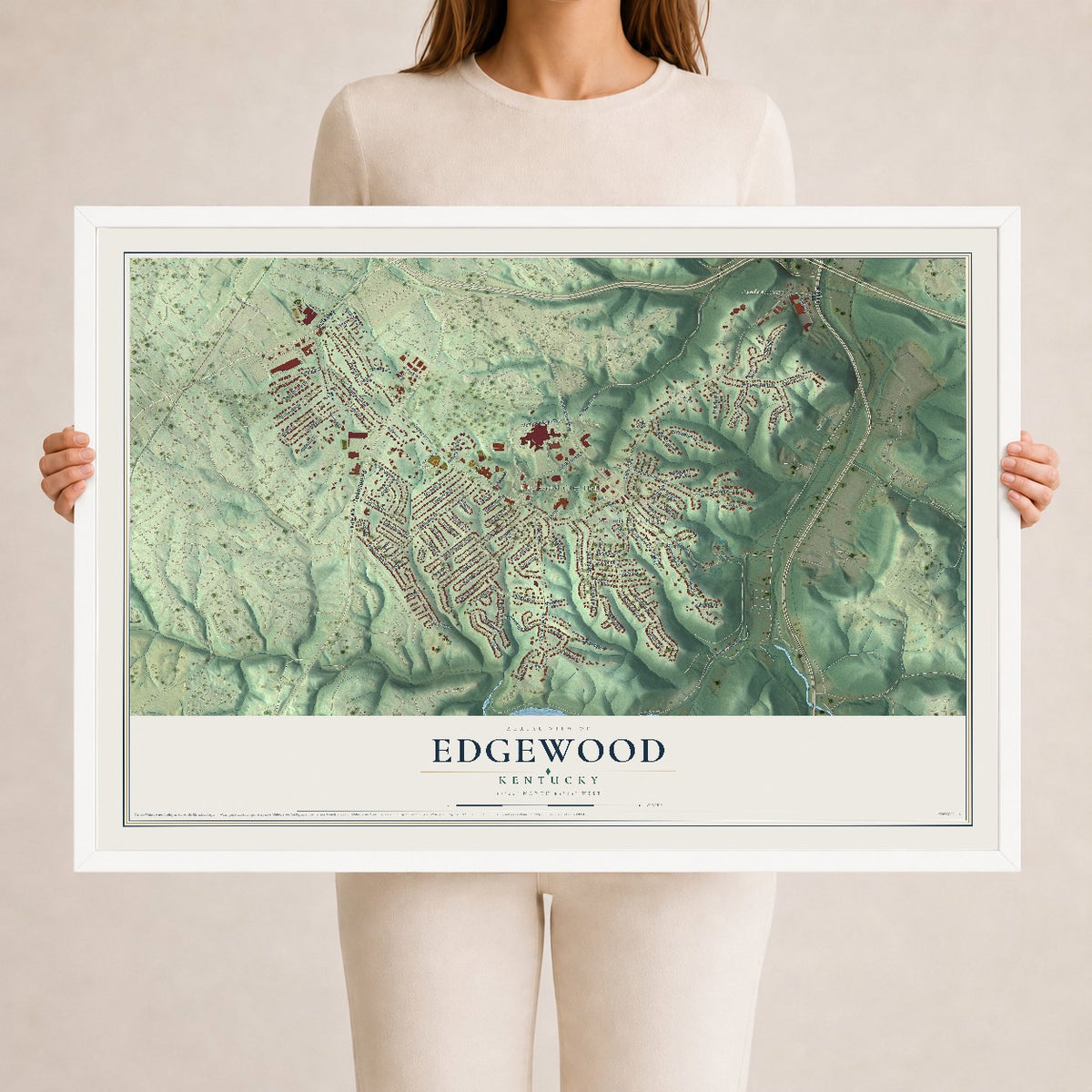 Map of Edgewood, Kentucky, 24 x 36 inch print in a white wood frame
