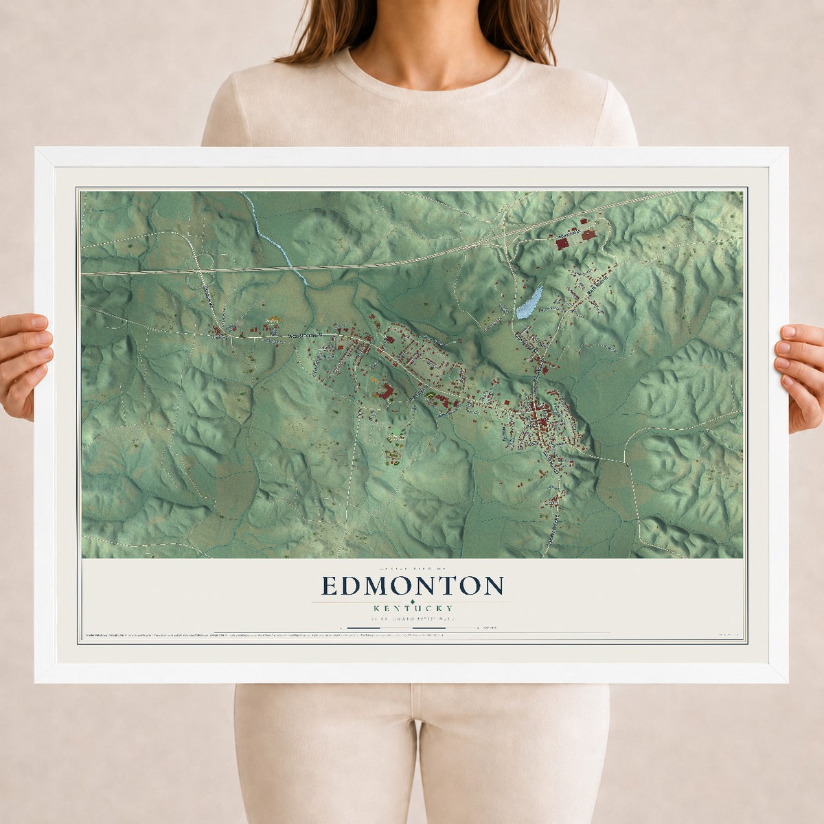 Map of Edmonton, Kentucky, 18 x 24 inch print in a white wood frame
