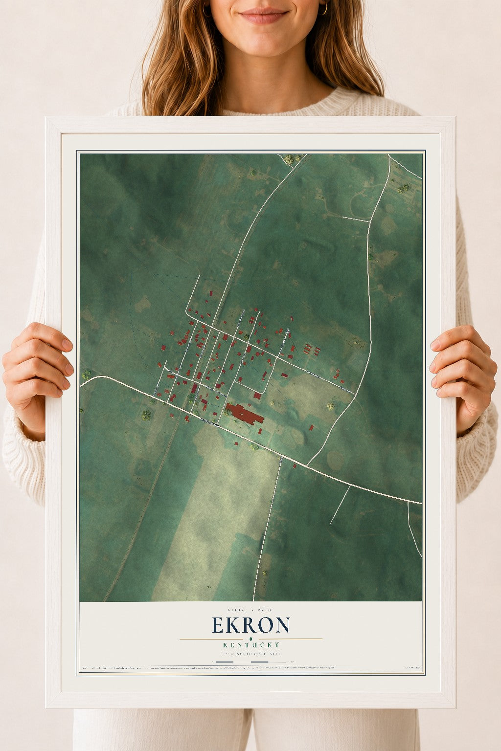 Map of Ekron, Kentucky, 18 x 24 inch print in a white wood frame