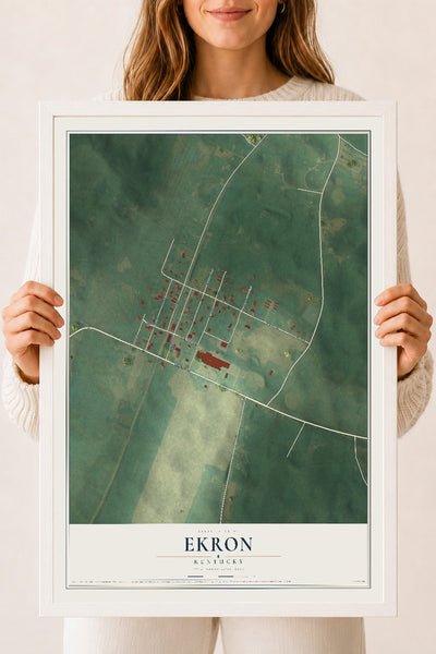 Map of Ekron, Kentucky, 18 x 24 inch print in a white wood frame