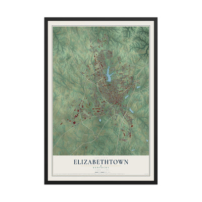 Map of Elizabethtown, Kentucky, 12 x 18 inch print in a black wood frame