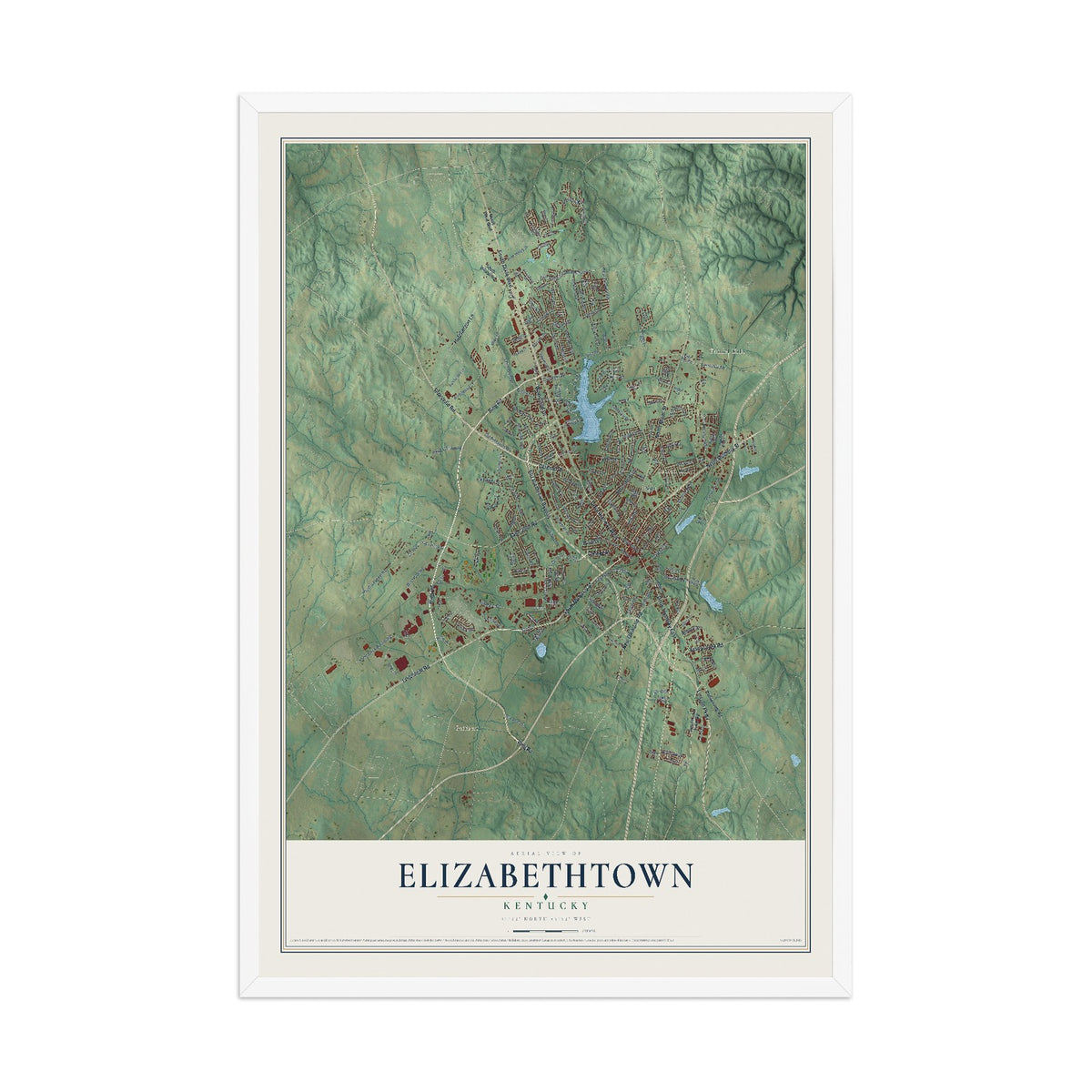 Map of Elizabethtown, Kentucky, 12 x 18 inch print in a white wood frame