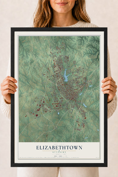 Map of Elizabethtown, Kentucky, 18 x 24 inch print in a black wood frame