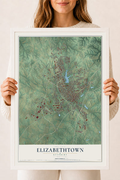 Map of Elizabethtown, Kentucky, 18 x 24 inch print in a white wood frame