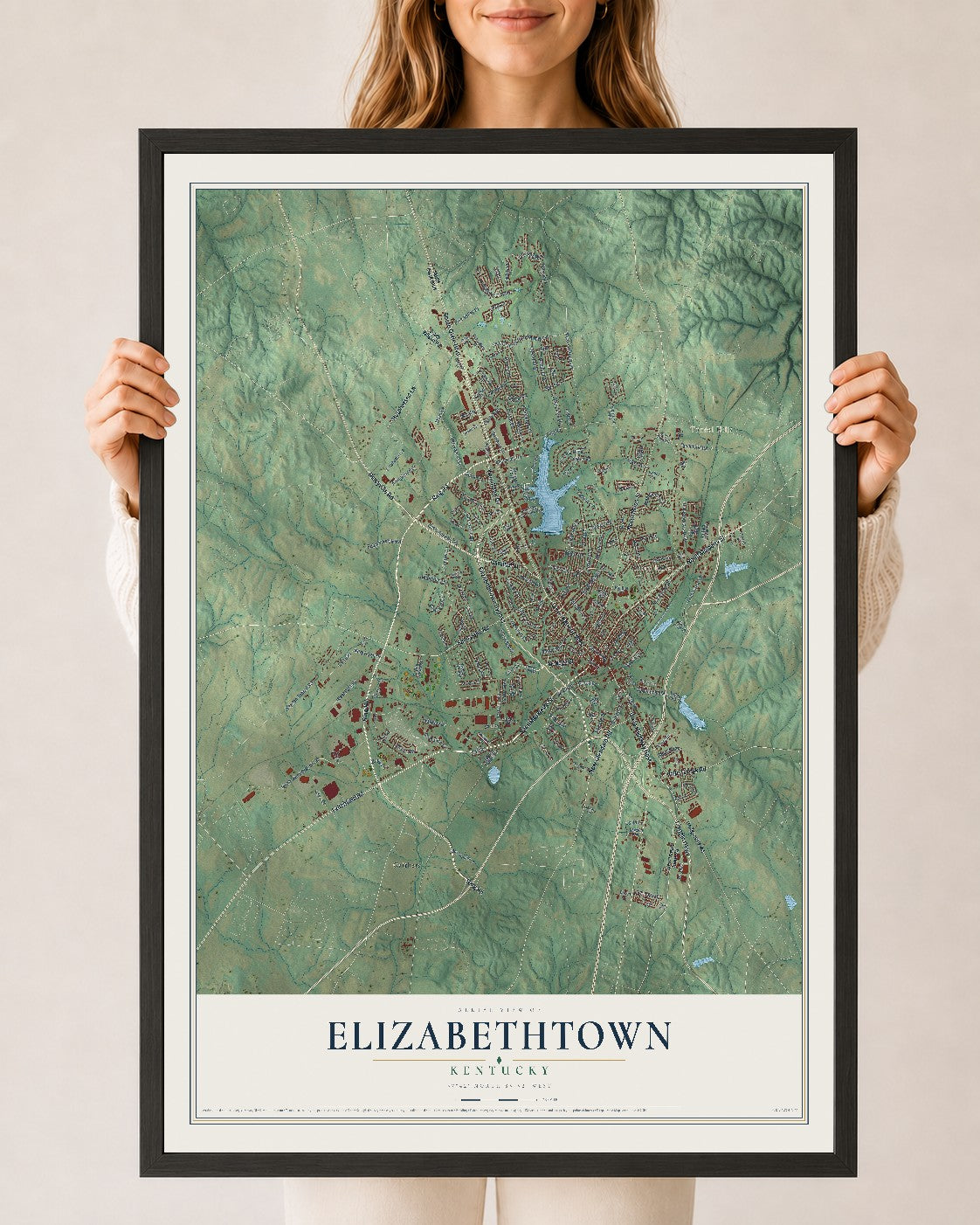 Map of Elizabethtown, Kentucky, 24 x 36 inch print in a black wood frame