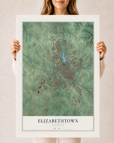 Map of Elizabethtown, Kentucky, 24 x 36 inch print in a white wood frame
