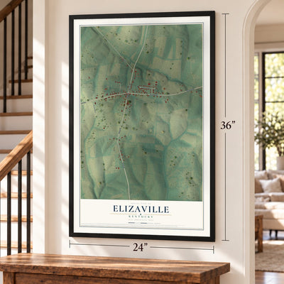 Elizaville, Kentucky map, 24 x 36 inch print in a black frame by a staircase