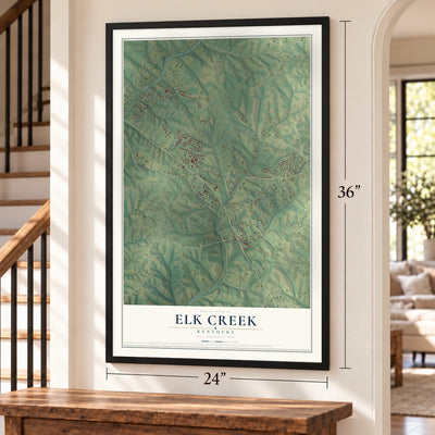 Elk Creek, Kentucky map, 24 x 36 inch print in a black frame by a staircase