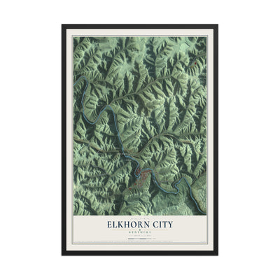 Map of Elkhorn City, Kentucky, 12 x 18 inch print in a black wood frame
