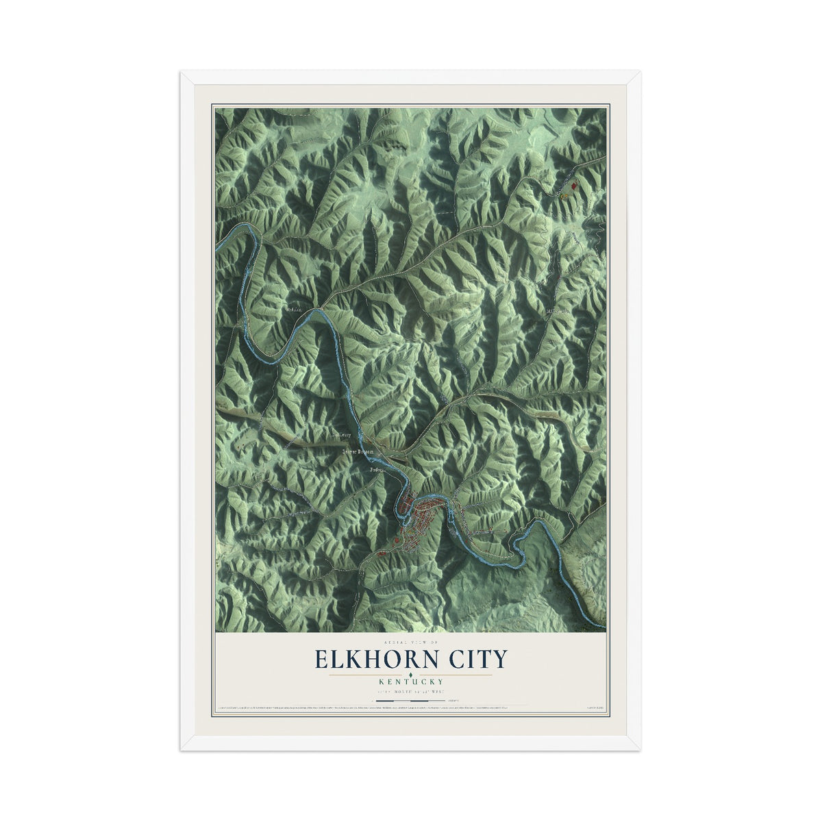 Map of Elkhorn City, Kentucky, 12 x 18 inch print in a white wood frame