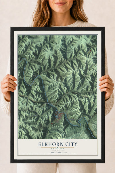 Map of Elkhorn City, Kentucky, 18 x 24 inch print in a black wood frame