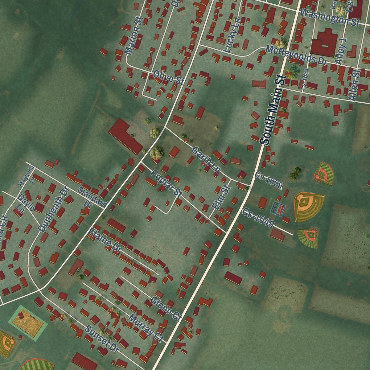 Close-up of the map of Elkton, Kentucky print showing street and building detail