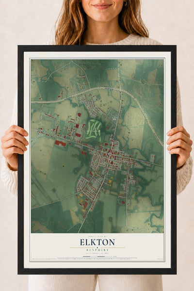 Map of Elkton, Kentucky, 18 x 24 inch print in a black wood frame