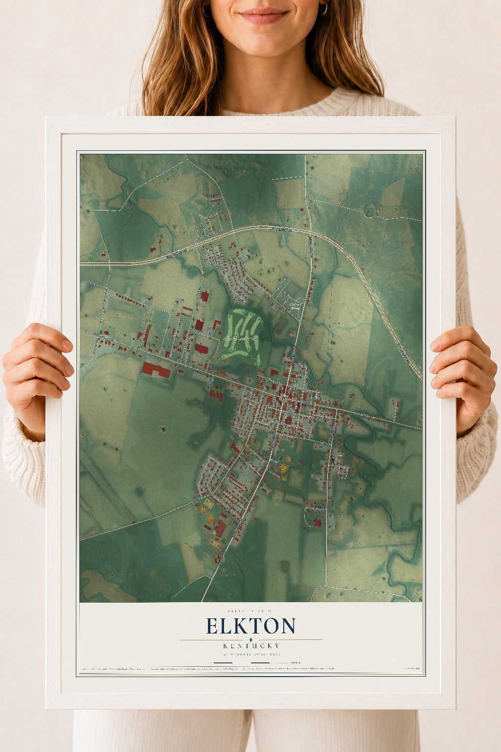 Map of Elkton, Kentucky, 18 x 24 inch print in a white wood frame