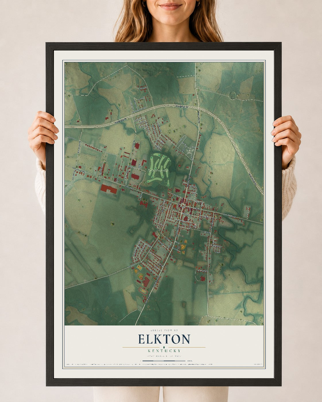 Map of Elkton, Kentucky, 24 x 36 inch print in a black wood frame