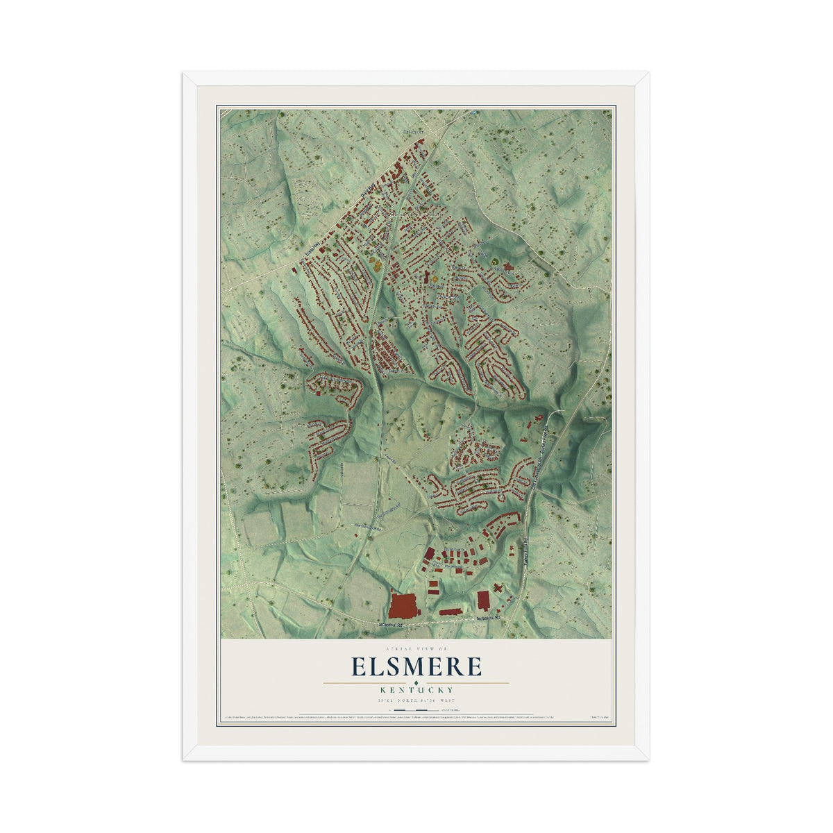 Map of Elsmere, Kentucky, 12 x 18 inch print in a white wood frame