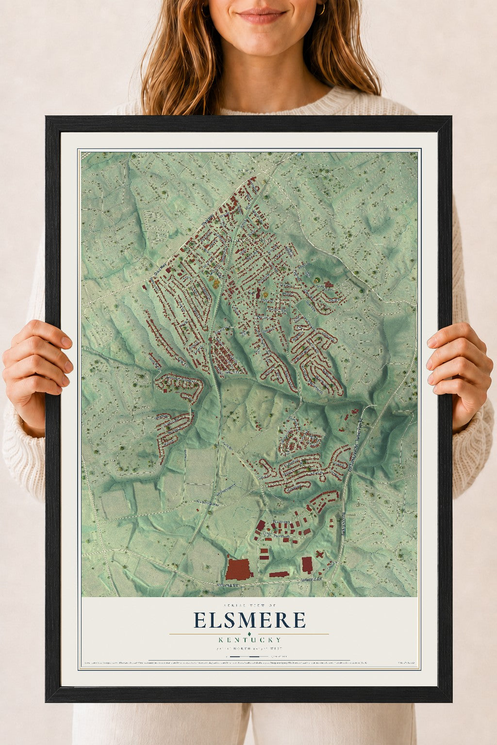 Map of Elsmere, Kentucky, 18 x 24 inch print in a black wood frame