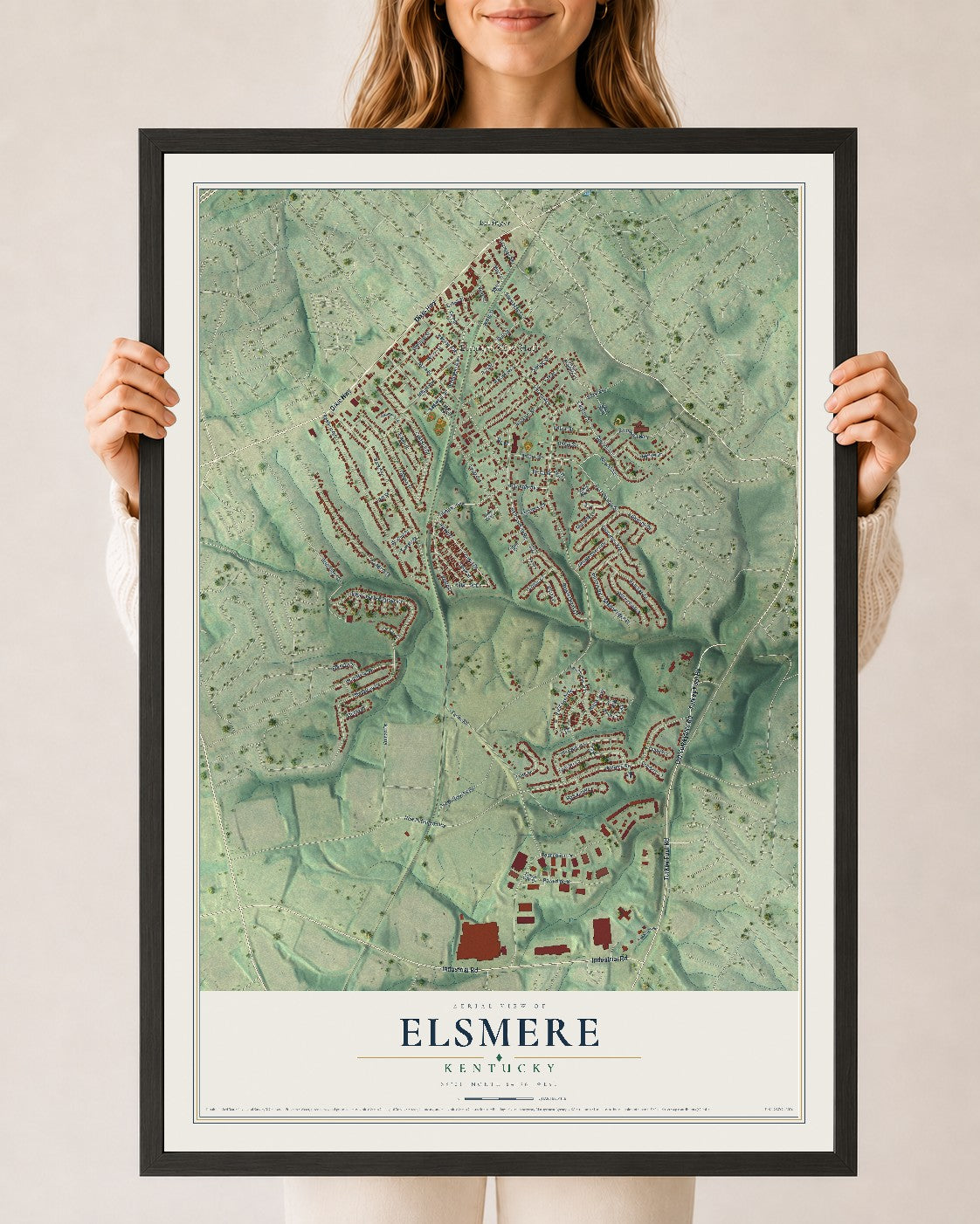 Map of Elsmere, Kentucky, 24 x 36 inch print in a black wood frame