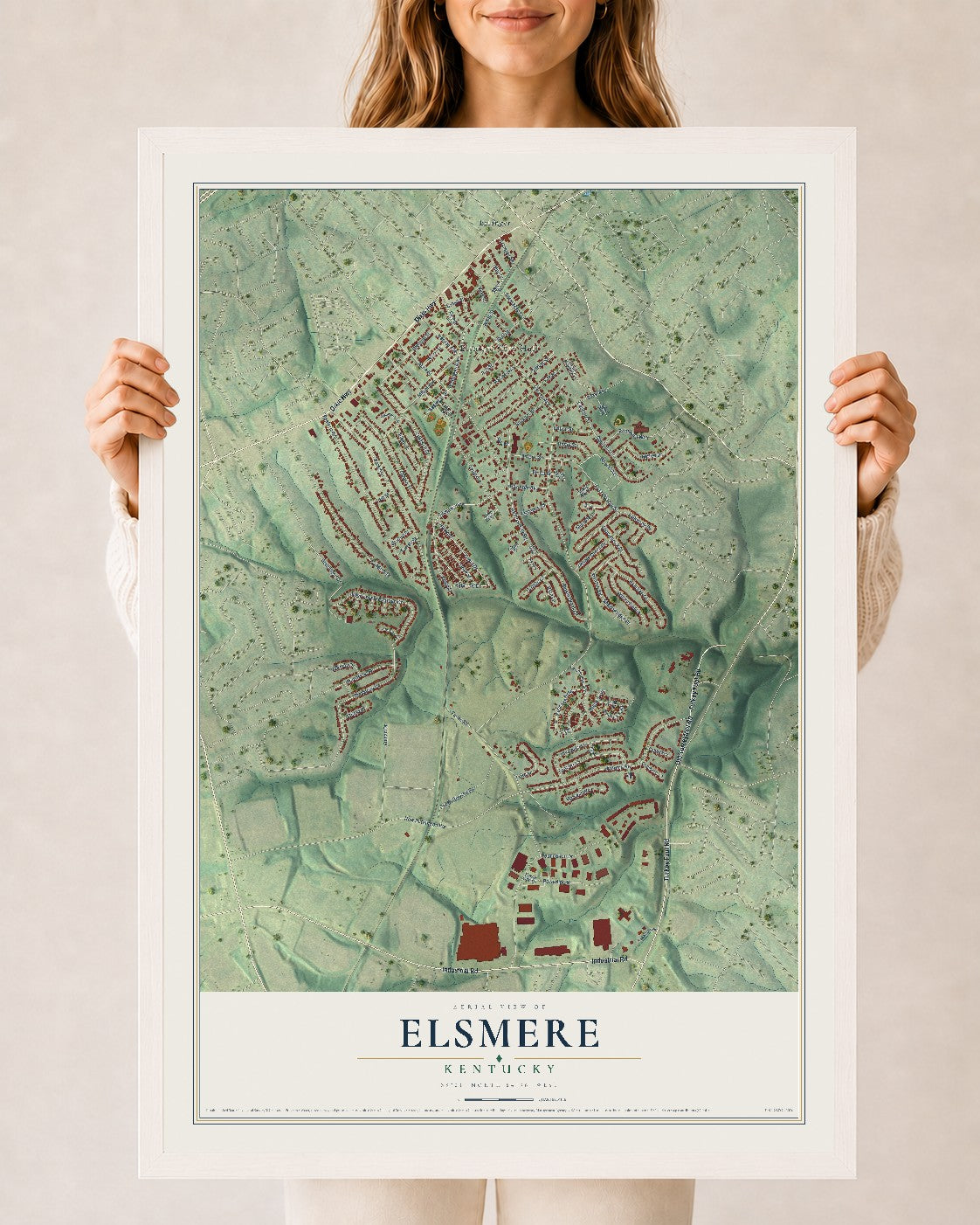 Map of Elsmere, Kentucky, 24 x 36 inch print in a white wood frame