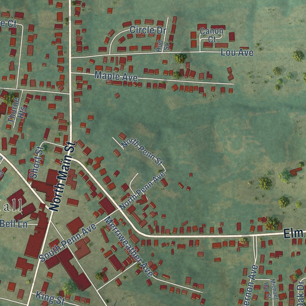 Close-up of the map of Eminence, Kentucky print showing street and building detail
