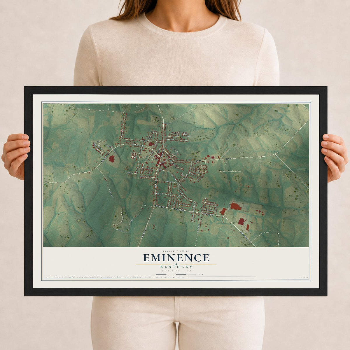 Map of Eminence, Kentucky, 12 x 18 inch print in a black wood frame