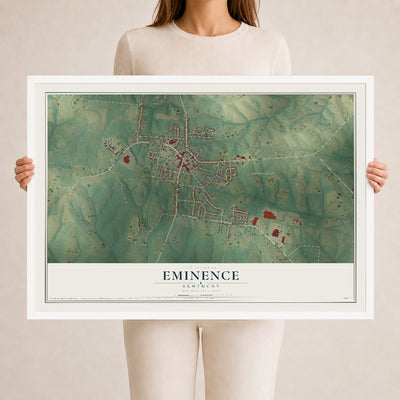 Map of Eminence, Kentucky, 24 x 36 inch print in a white wood frame