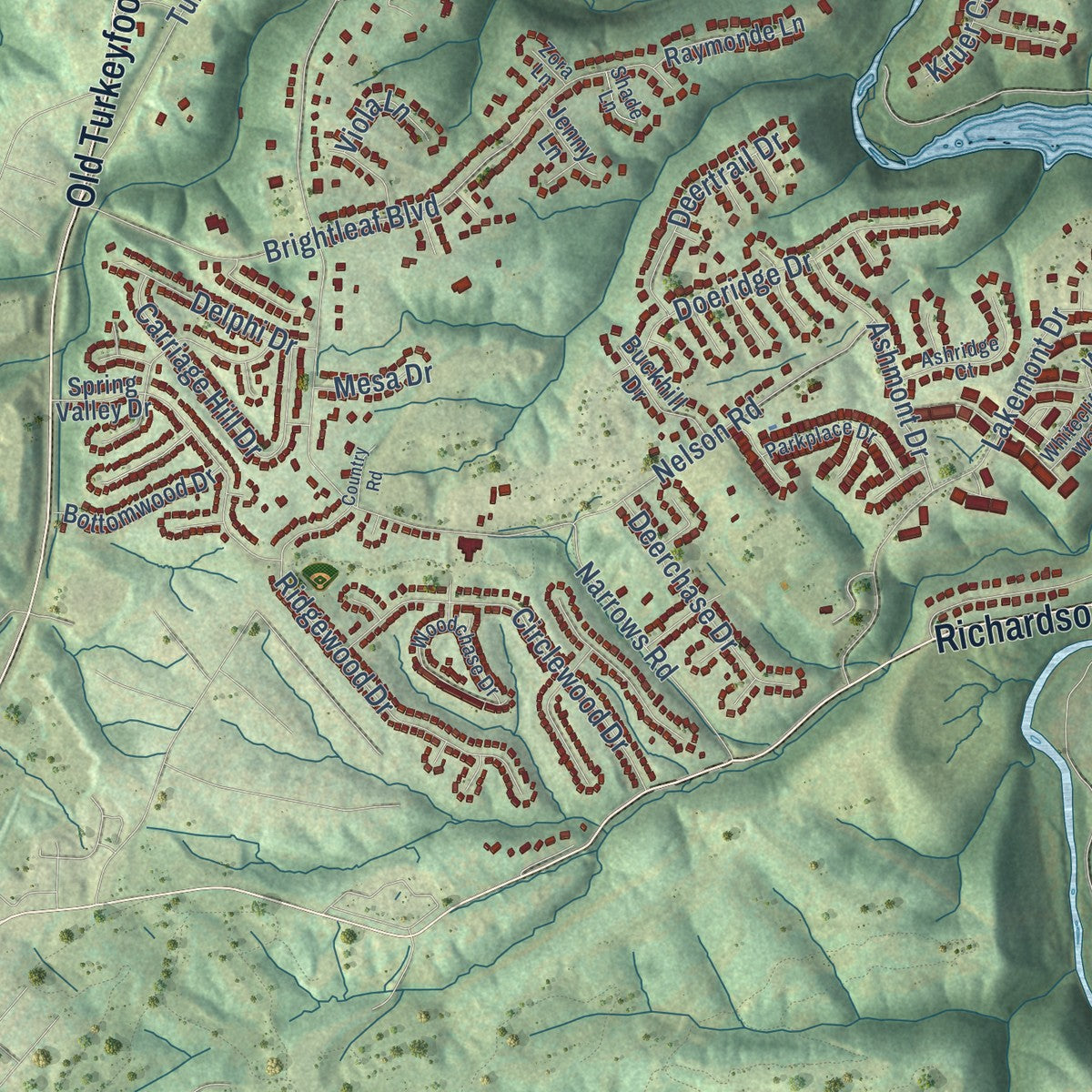 Second close-up of the map of Erlanger, Kentucky print showing more streets and buildings
