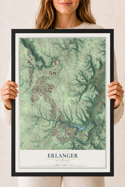 Map of Erlanger, Kentucky, 18 x 24 inch print in a black wood frame