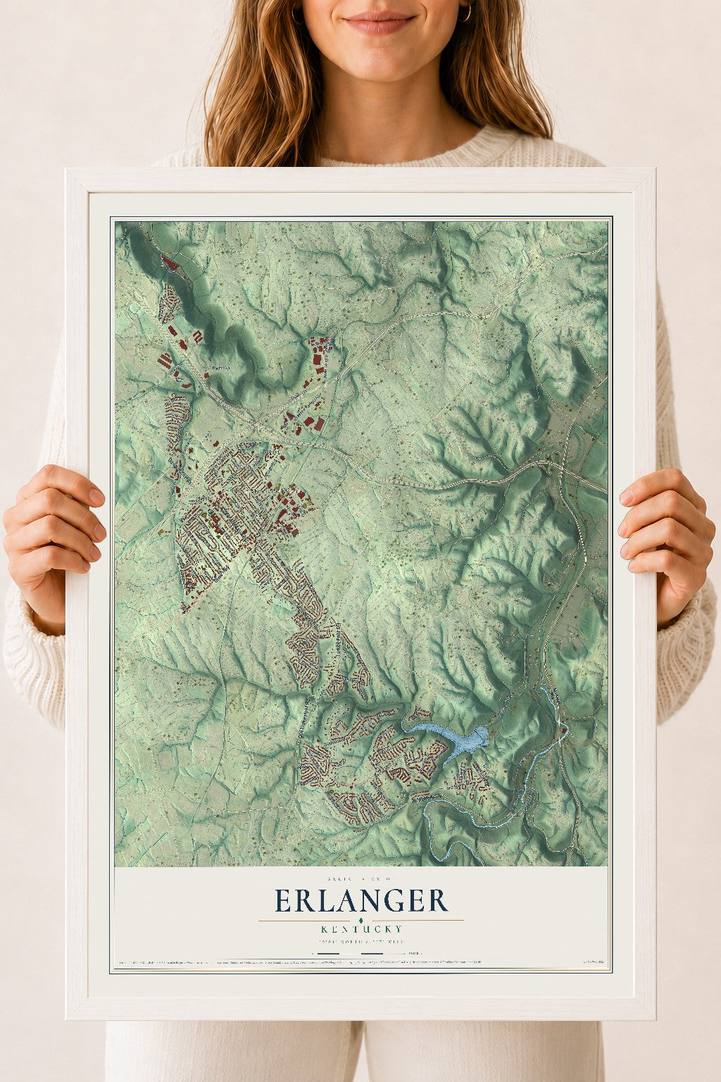 Map of Erlanger, Kentucky, 18 x 24 inch print in a white wood frame