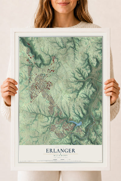 Map of Erlanger, Kentucky, 18 x 24 inch print in a white wood frame