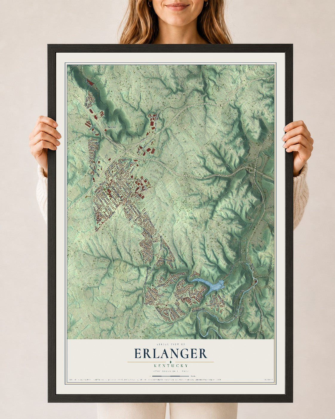 Map of Erlanger, Kentucky, 24 x 36 inch print in a black wood frame