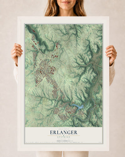 Map of Erlanger, Kentucky, 24 x 36 inch print in a white wood frame