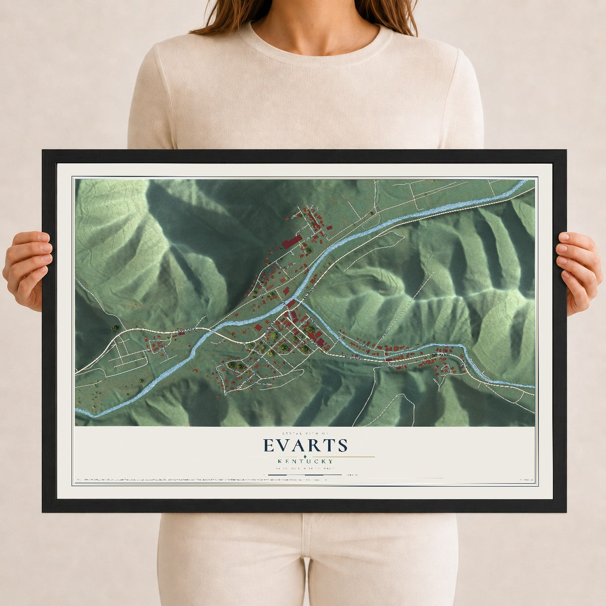 Map of Evarts, Kentucky, 12 x 18 inch print in a black wood frame