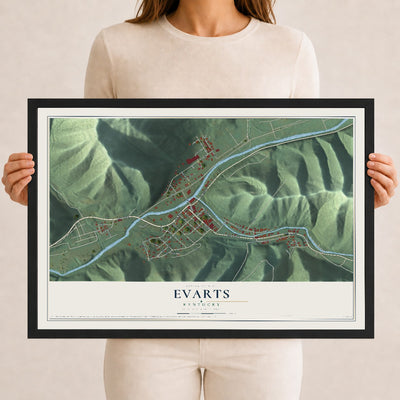 Map of Evarts, Kentucky, 12 x 18 inch print in a black wood frame